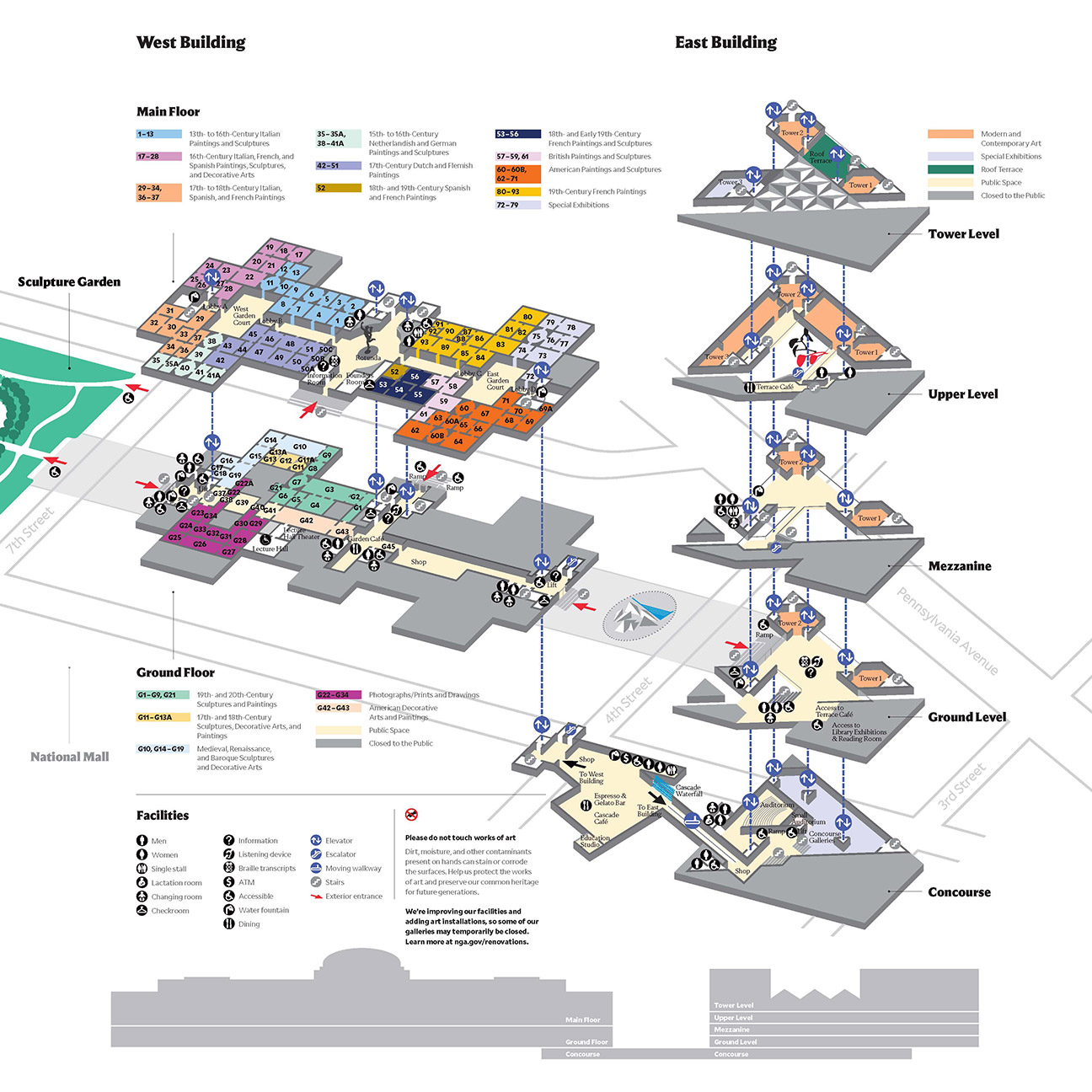 Floor plan of the West and East Buildings of the National Gallery of Art